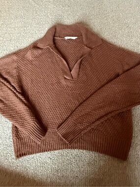 Bluenotes Women's Rust Brown V-Neck Textured Collared Sweater